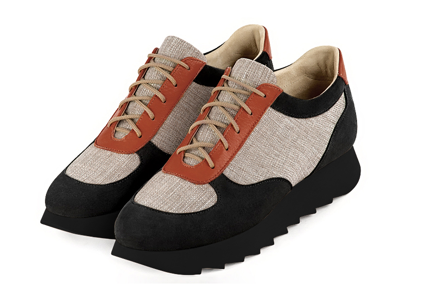 Women's matt black, natural beige and terracotta orange elegant sneakers. Round toe. Thick rubber soles - Front view